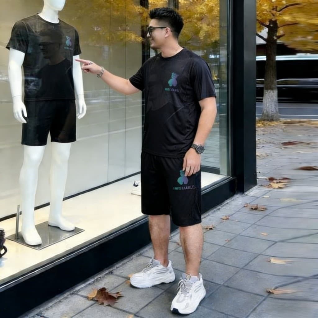 Terno de seda gelo cara gordo verão masculino mais gordo mais Shorts de manga curta combinando corpo inteiro estilo fino