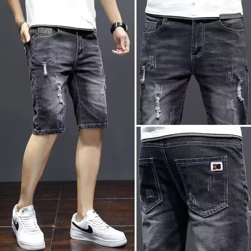 Verão fino elástico bonito Denim Shorts masculino rasgado fino ajuste em linha reta juventude cinco pontos calças médias