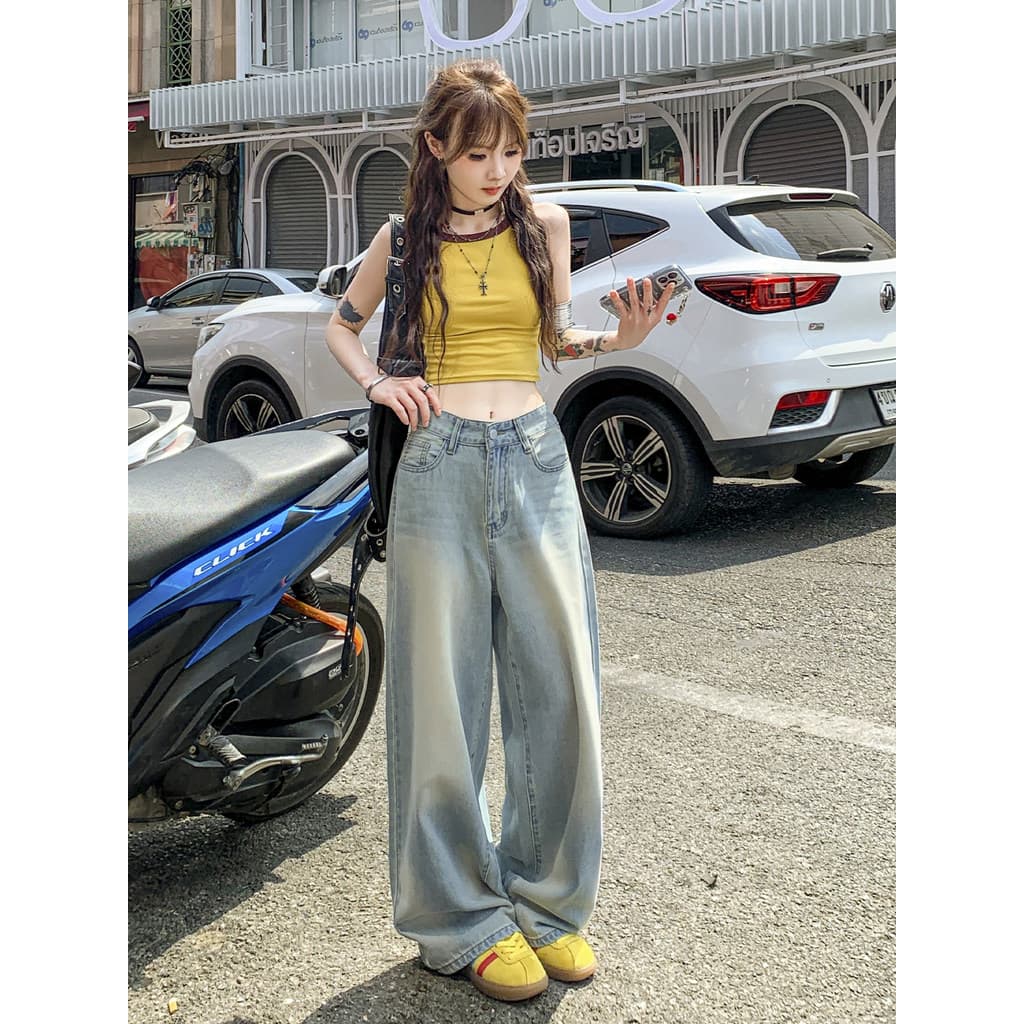 Vfvk cor clara solta calças de perna larga feminina 2026 novo estilo Jeans pequeno angustiado solto Drape mais magro olh