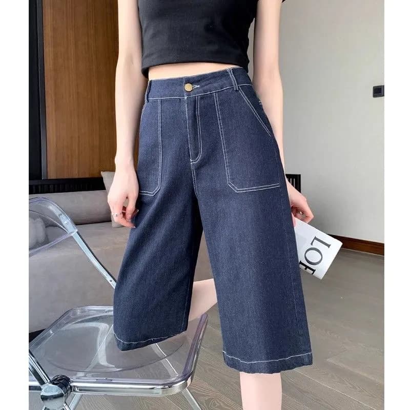 Cintura alta seis-Seven pontos Jeans feminino perna larga 2025 verão Casual mais magro olhar pequeno em linha reta-Le