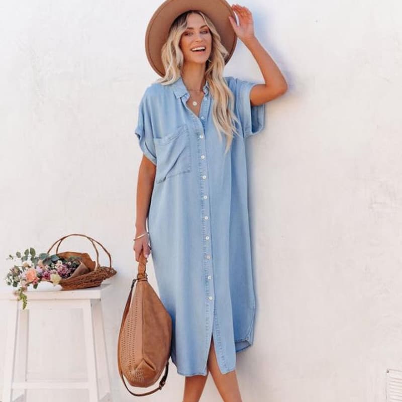 Vestido Camisa Feminino de Verão 2026, Manga Curta, Cor Sólida, Jeans, Com Fenda Longa