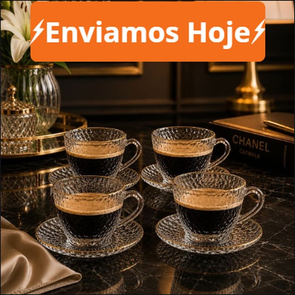 Jogo de 4 Xícaras de Café Petra com Pires e Borda Dourada em Vidro Transparente de 90 mL
