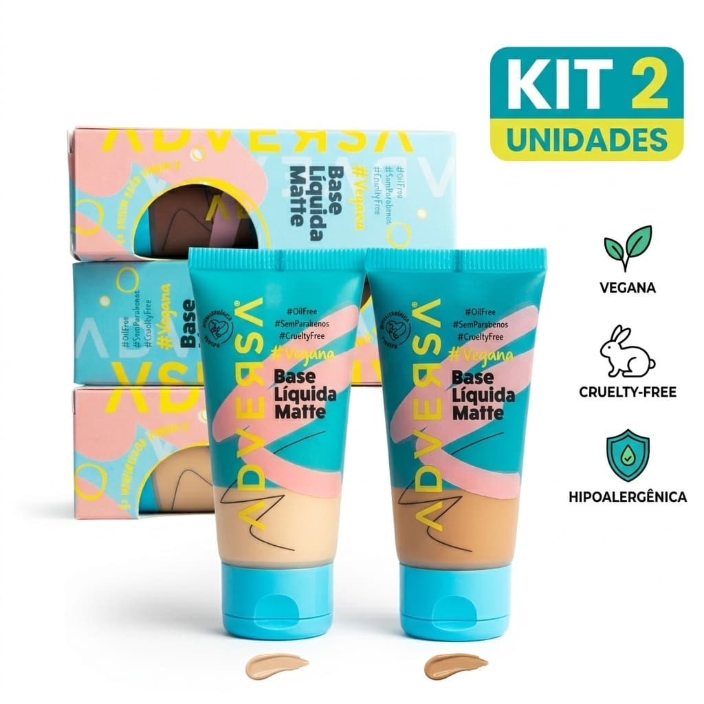 Kit 2 Bases Líquidas Matte Adversa Oil Free 25g Vegana | Acabamento Uniforme e Toque Leve
