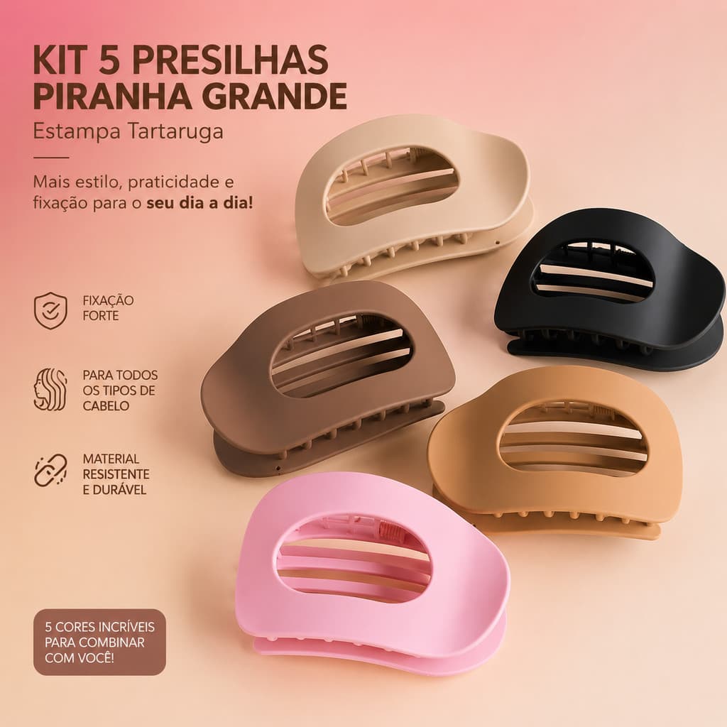 Kit 5 Presilhas Piranha Estilo Tartaruga Premium/Fixação Forte Design Elegante e Conforto para Todos os Tipos de Cabelo