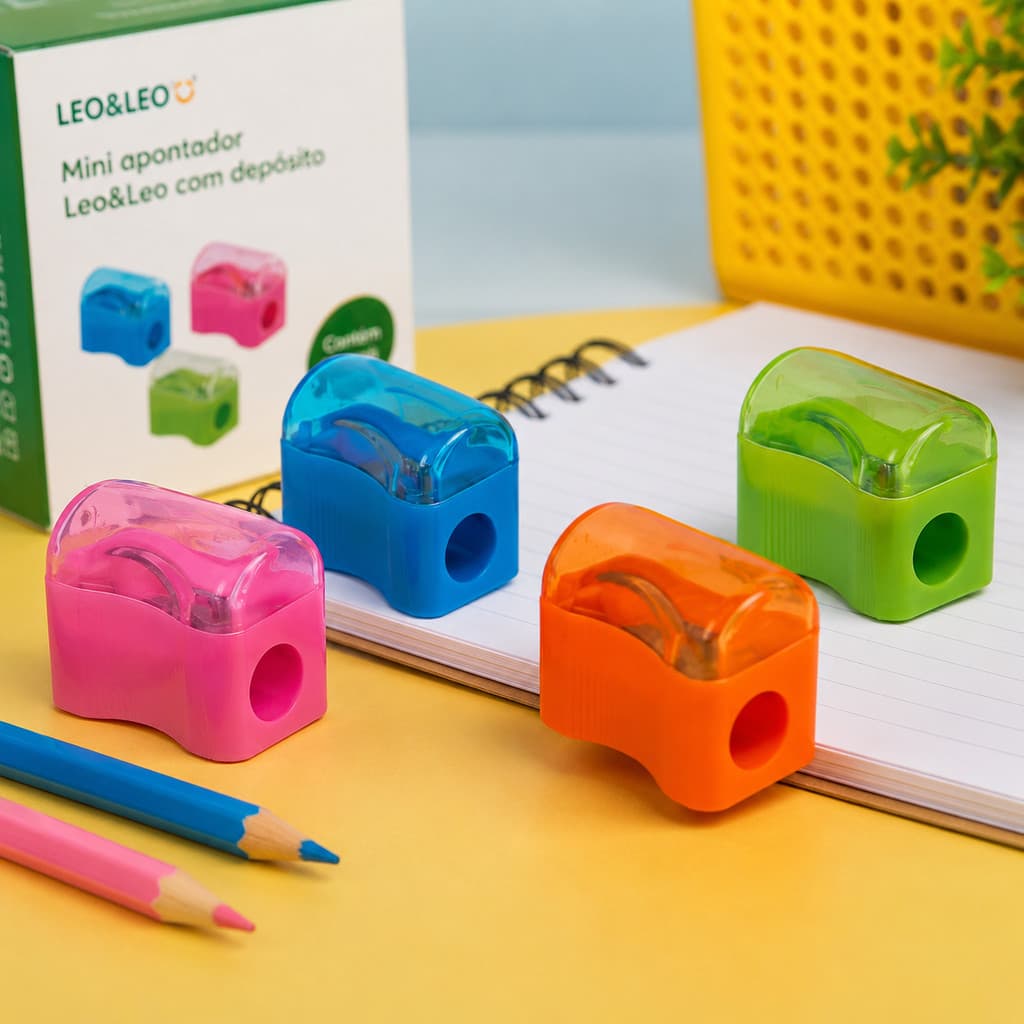 Mini Apontador com Depósito Leo&Leo Escolar Lápis Grafite Cor e Resina Cores Sortidas