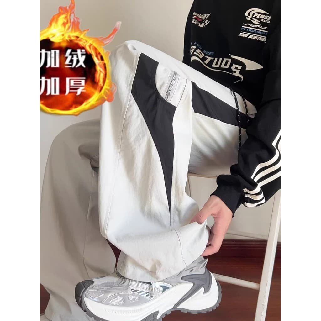 Outono inverno forro de lã estilo americano contraste cor costura jaqueta masculina esportes casuais calças retas na mod