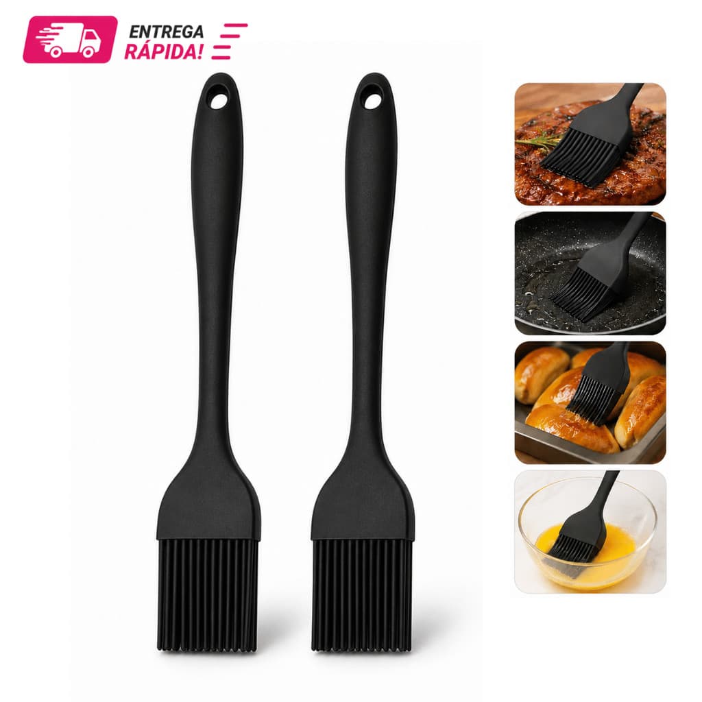 Kit 2 Pincéis Culinários Silicone 20,5cm Preto Vermelho Para Churrasco Cozinha Confeitaria Antiaderente