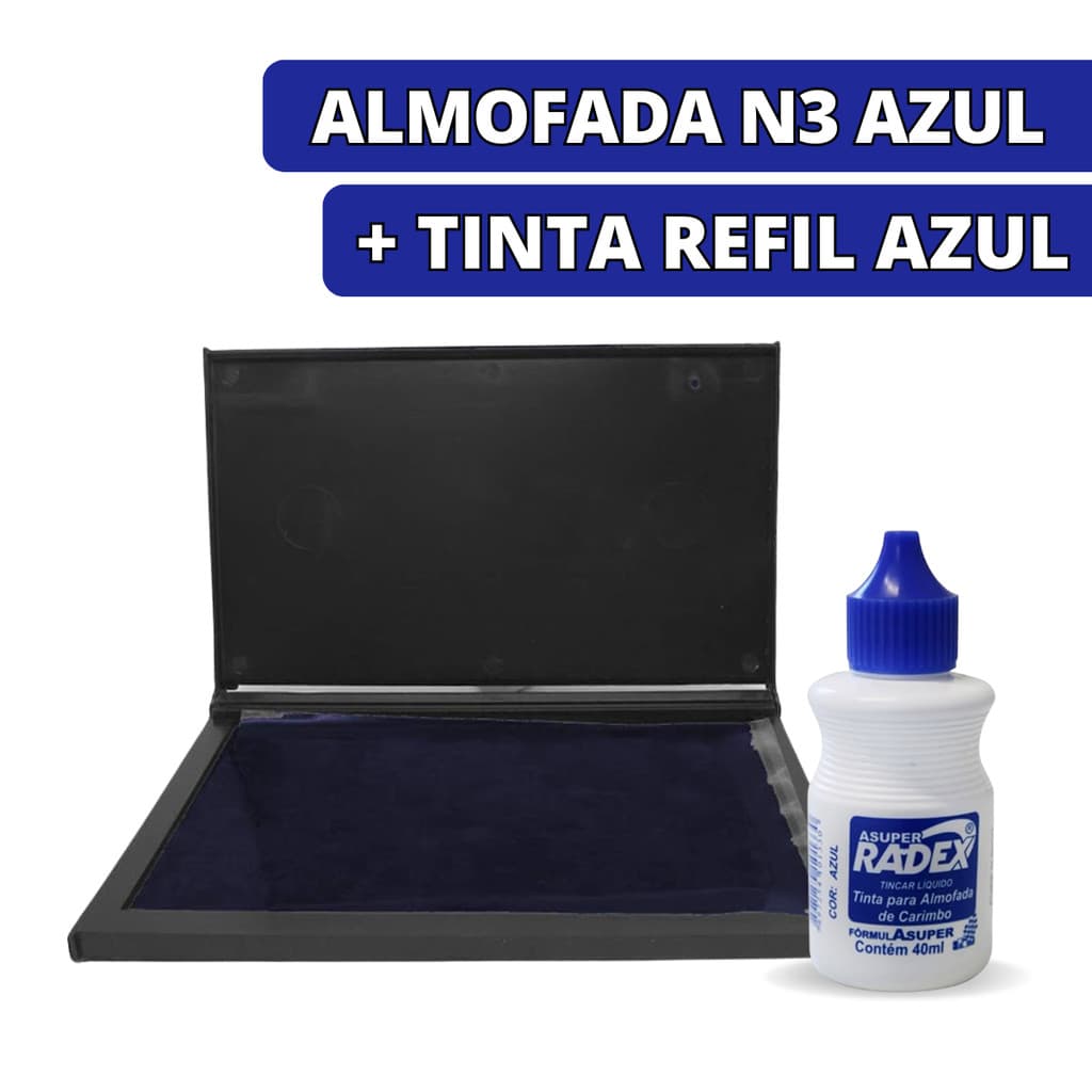 Kit Almofada Para Carimbo Carimbeira N3 + 1 Tinta Refil 40ml Cor Azul