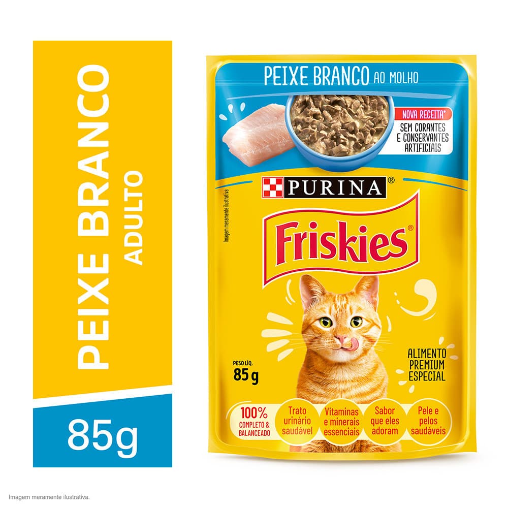 Ração Úmida Purina Friskies Sachê para Gatos Adultos sabor Peixe Branco 85g