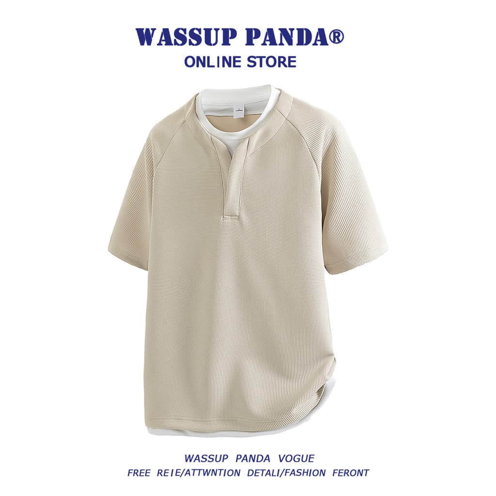 WASSUP PANDA American Waffle Falso Camiseta de manga curta de duas peças masculina verão Street Wear solto meia manga ro