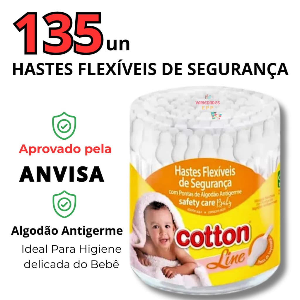 Hastes Flexiveis Cotonete Bebê Kit 135 Unidades 3 Potinhos
