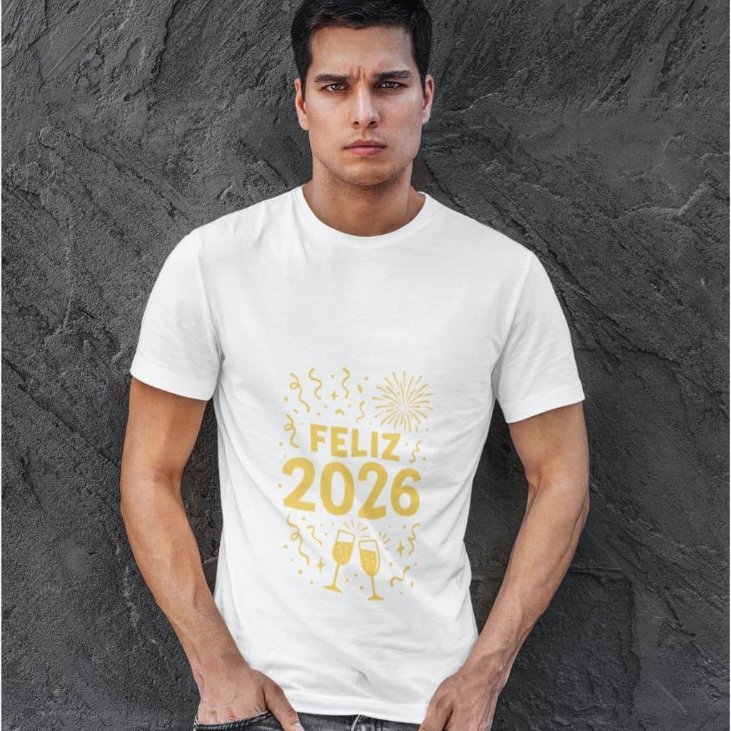 Blusa Camiseta Tradicional com Reforço Ombro a Ombro Feliz Ano Novo 2026 Masculina e Feminina