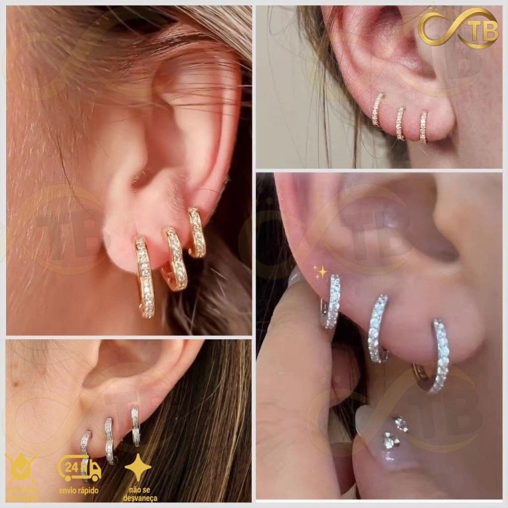 TB Moda 3 pares feminina Brinco Trio Argola BANHADA PRATA 925 A OURO 18K com Zircônia Cravejada