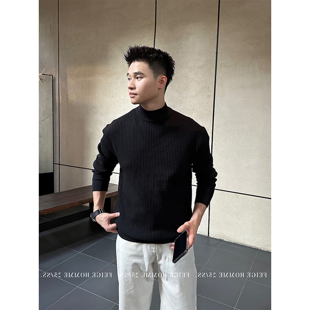Meia gola alta magro-ajuste camisola masculina outono inverno preto interior quente na moda versão coreana listras verti