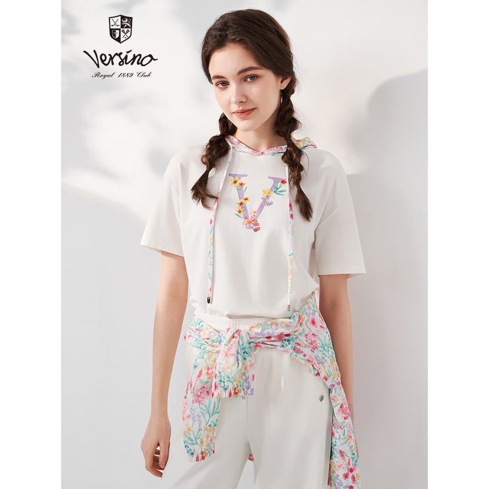Versino versino feminino estilo verão cordão com capuz série Floral Design moletom de manga curta camiseta feminina