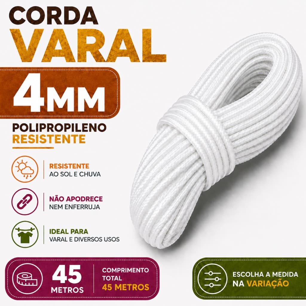 Corda Reforçada 4mm para Varal Lavanderia e Amarração Doméstica 45 Metros