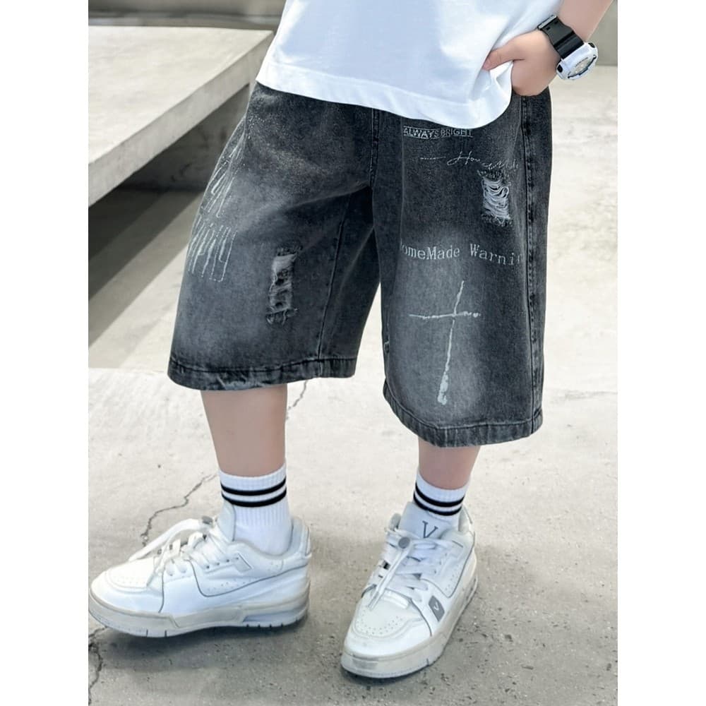 Crianças roupas infantis meninos frito rua rufião bonito rasgado calças médias 2026 novo estilo médio grandes meninos ci