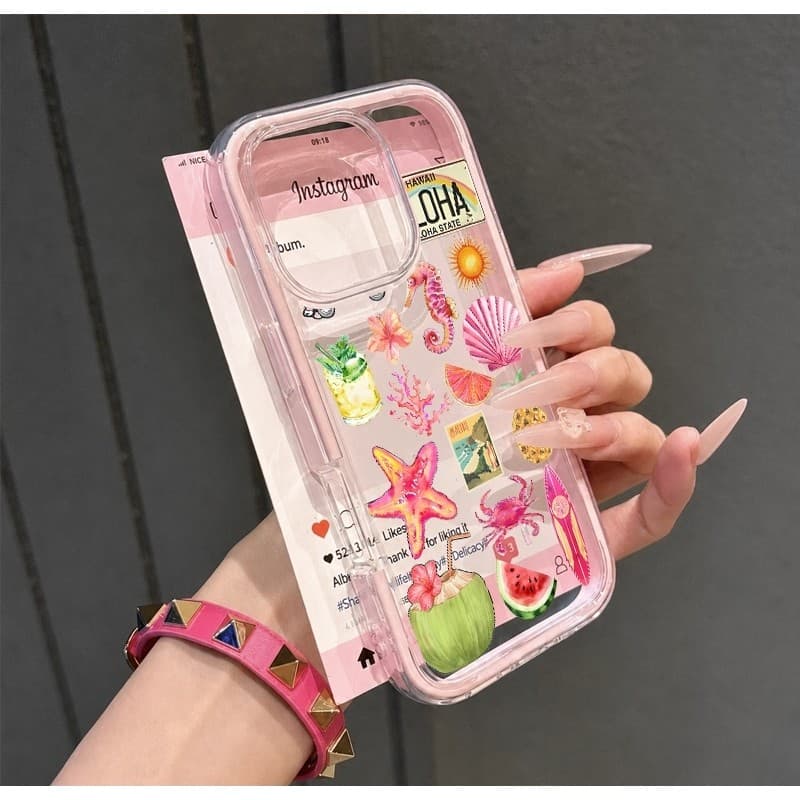 Capa Praia Rosa Transparente Capinha Moldura Colorida para iPhone 17 Pro Max 13 11 12 16 15 14 Plus