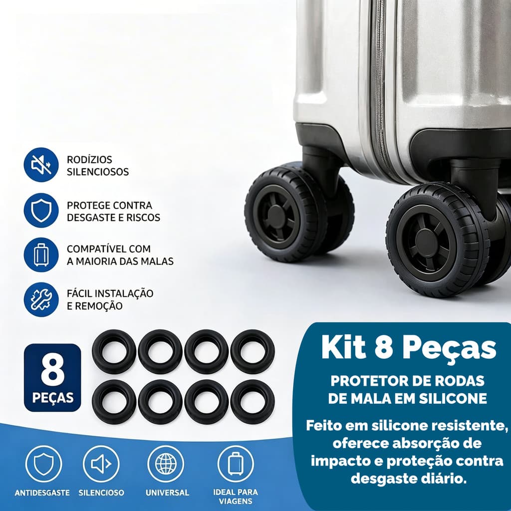 Protetor de Rodízio de Mala Kit 8 Peças Silicone Manga Anti Desgaste Silencioso Compatível com Todas Malas de Viagem