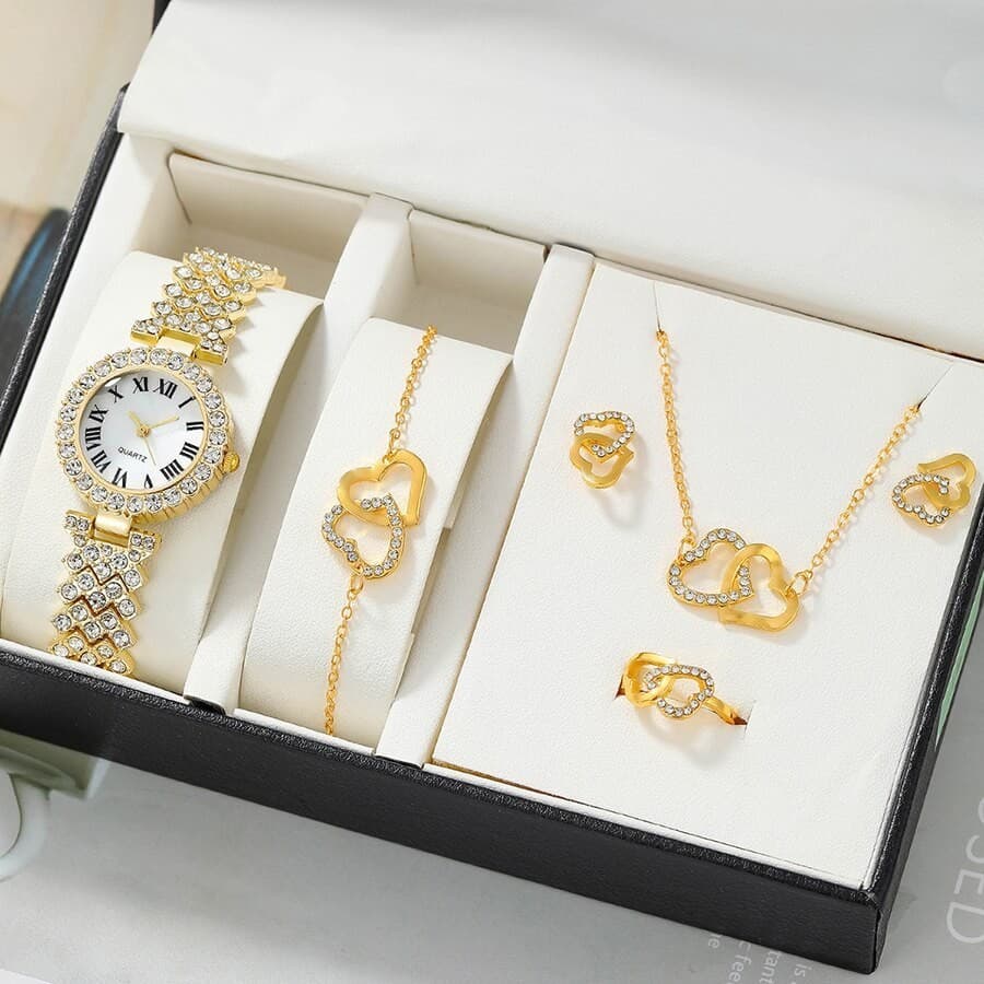 Relógio feminino com detalhes em diamante, relógio de quartzo feminino, relógio digital, conjunto de colar e relógio de