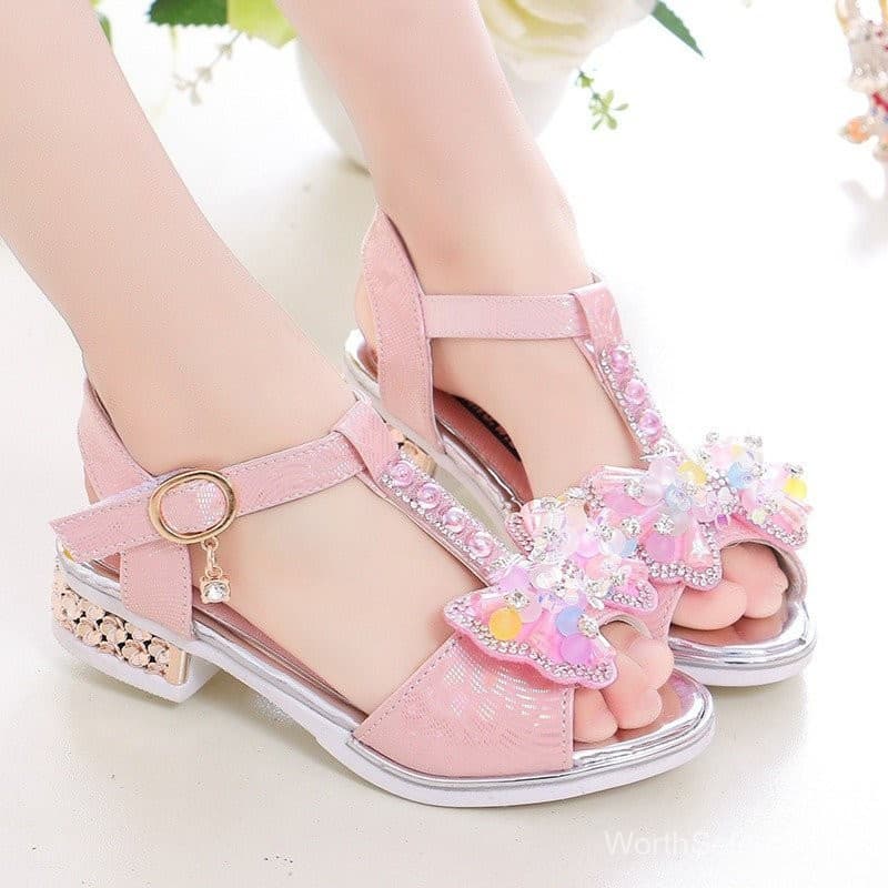 Sandálias elegantes para meninas, sapatos de cristal de salto alto com laço Princesa Elsa, adequados para participar na