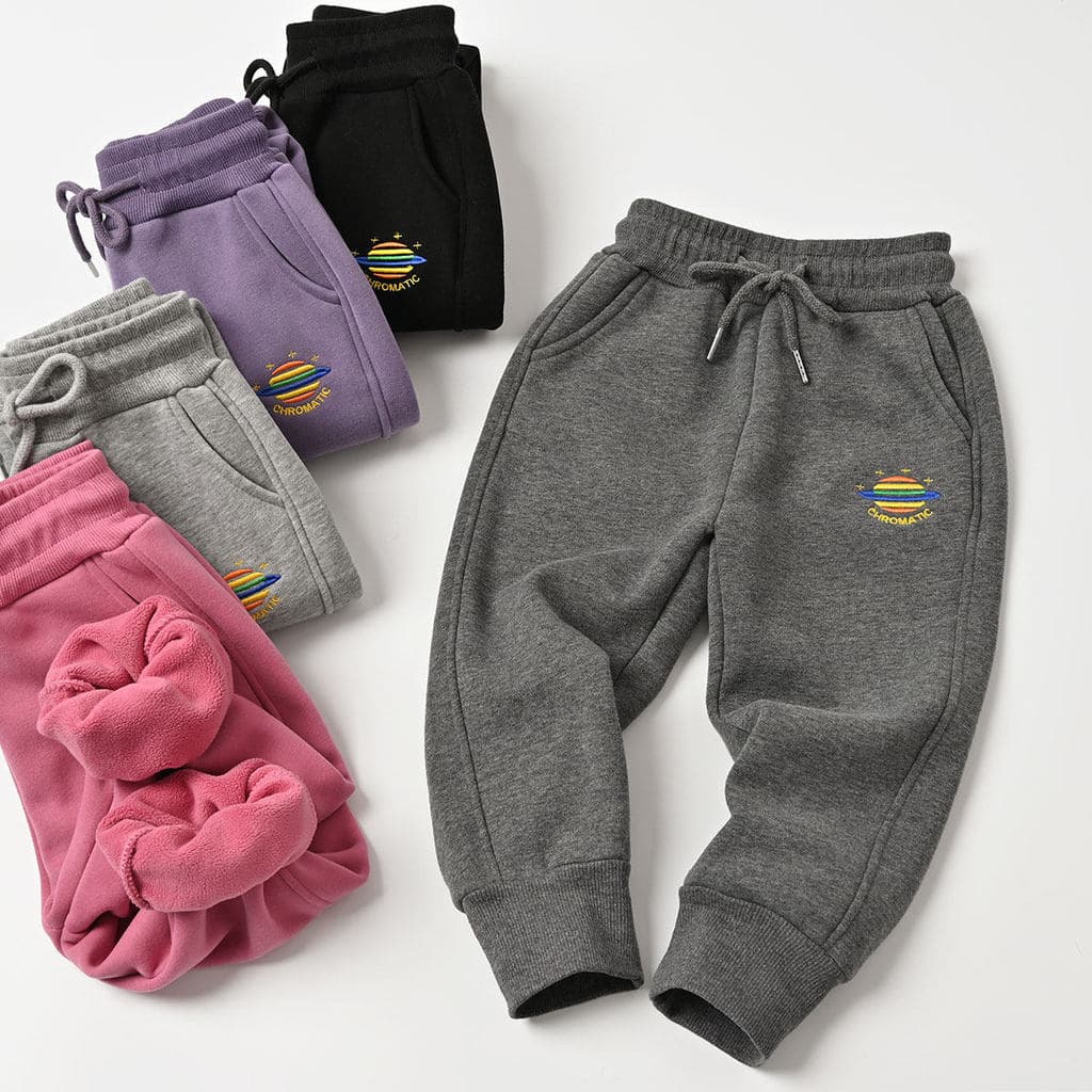 Especial Crianças Ollie velo quente Sweatpants meninos meninas velo-velo dos desenhos animados bordado calças com punho