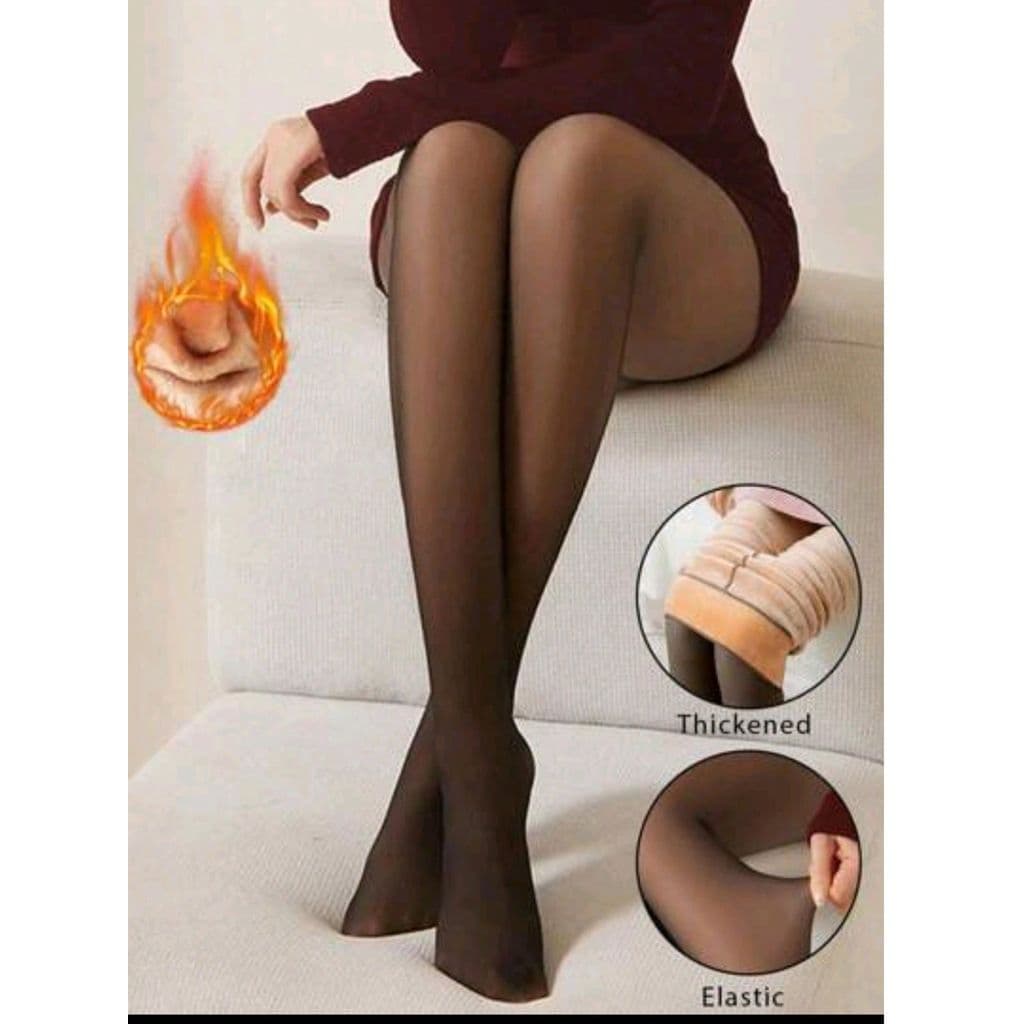 Meia-Calça Térmica Preta Translúcida Forrada de Velo Grosso Cintura Alta Feminina para Inverno
