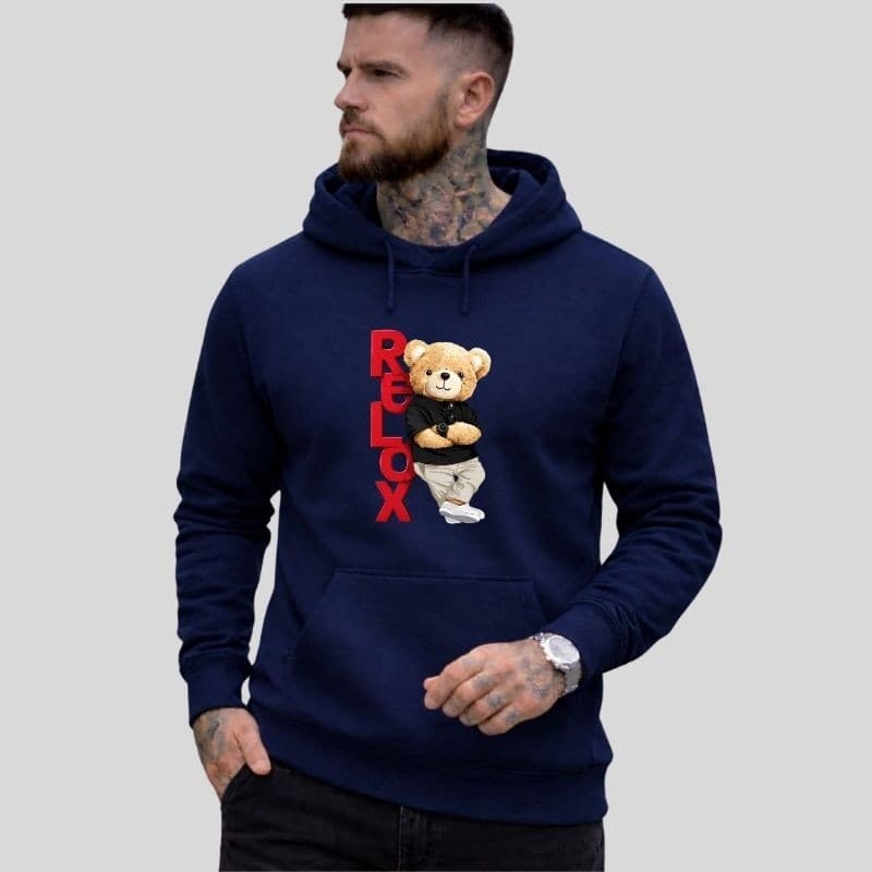 Moletom Masculino Canguru Casaco Estiloso Algodão Premium Capuz Bolso Estampa Urso Streetwear Casual Inverno Quentinho