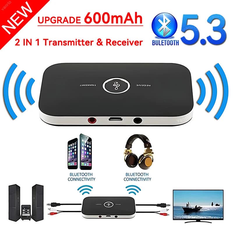 Transmissor e Receptor de Áudio Bluetooth 5.3 B6 2 em 1 com Conector AUX de 3,5 mm, RCA, Dongle USB, Adaptador de Música
