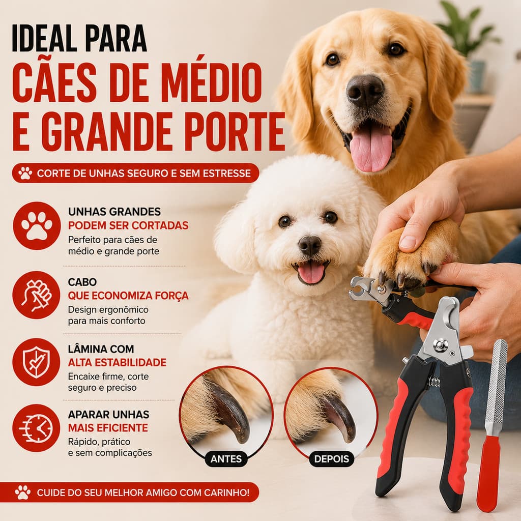 Kit Alicate Cortador de Unhas Pet para Cães e Gatos Grande Porte com Lixa Aço Inox Trava de Segurança Profissional
