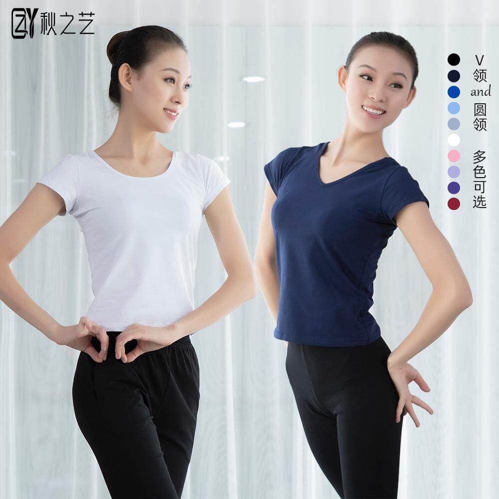 [Seleção] Camiseta Feminina de Dança e Arte de Outono, Gola Redonda, Decote em V, para Yoga e Prática de Dança, Manga Cu