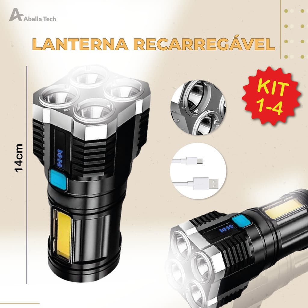 Super Lanterna Led Portátil Recarregável USB Resistente a água com Luz lateral c/ 4 LEDS