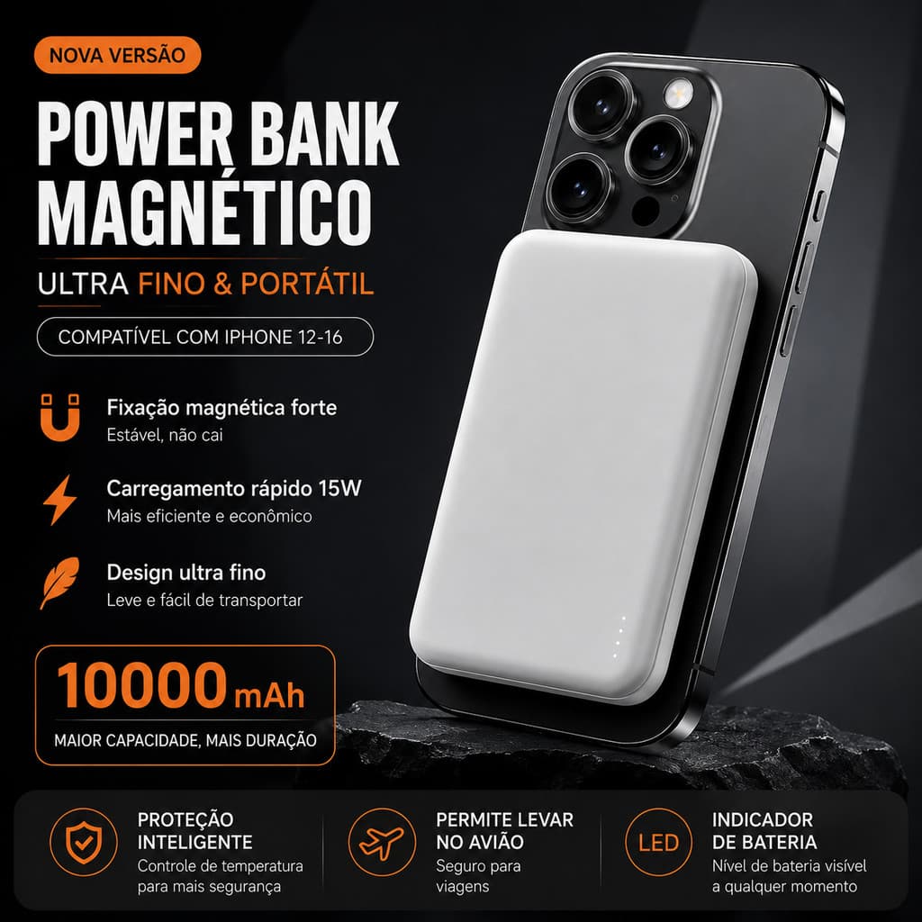 Carregador Portátil Magnético 10000mAh Ultra Fino Seguro para Viagens Proteção Temperatura LED Indicador