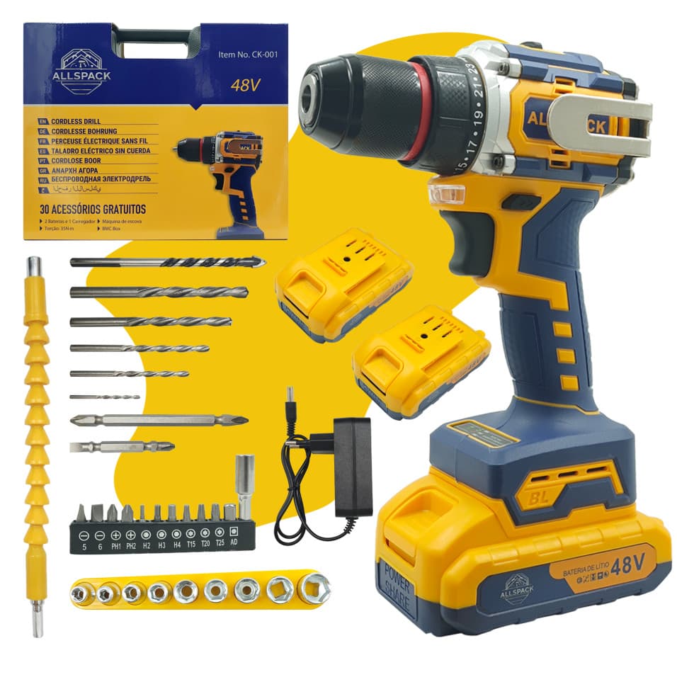 ALLSPACK CK-001Parafusadeira Furadeira 48V + 2 Baterias Com Maleta e Acessorios Completo