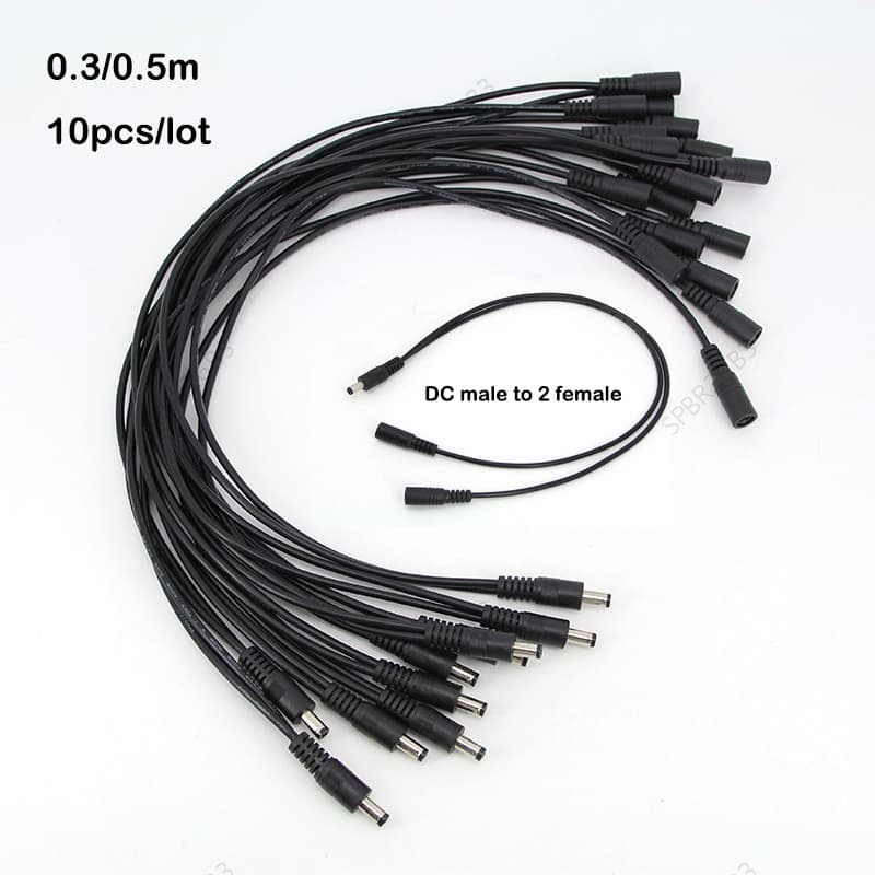 10 Peças 30cm 50cm 1 A 2 Vias Adaptador De Alimentação DC Cabo Divisor 5.5mm X 2.1mm 1 Macho Para 2 Fêmea De Fio De Exte