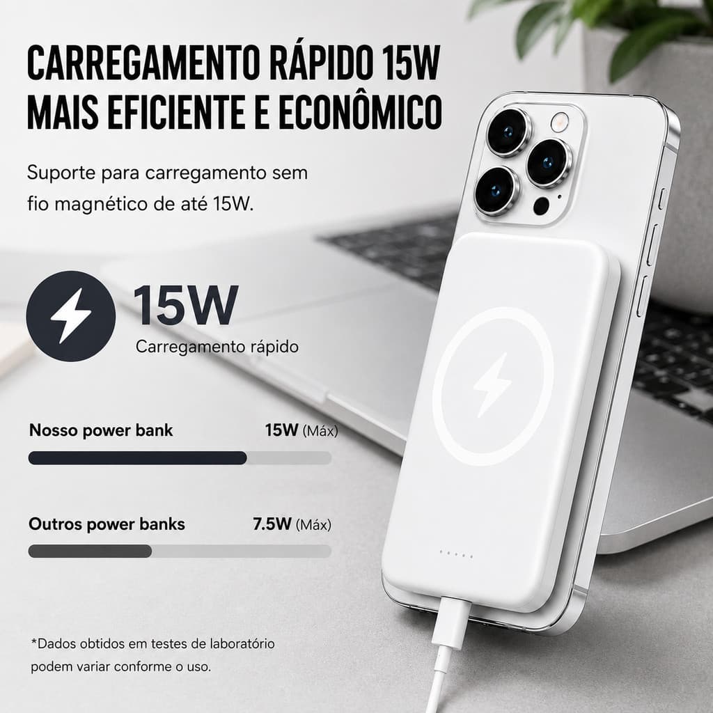 Bateria Magnética 10000mAh Slim Recarga 15W Portátil Viagens