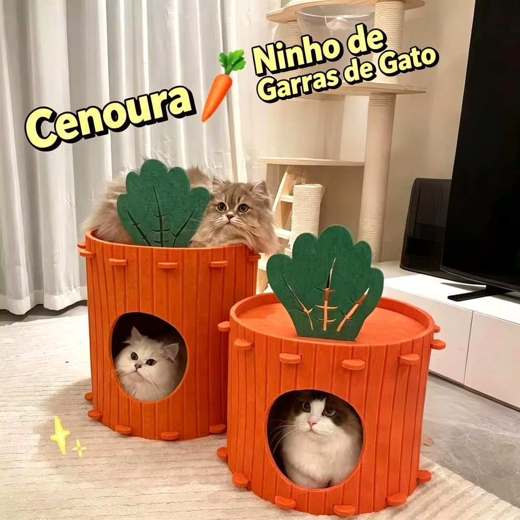 Ninho de Gato em Feltro Formato Cenoura, Toca Fechada Duplo Andar Acolchoada, Abrigo para Gatos Grandes com Arranhador