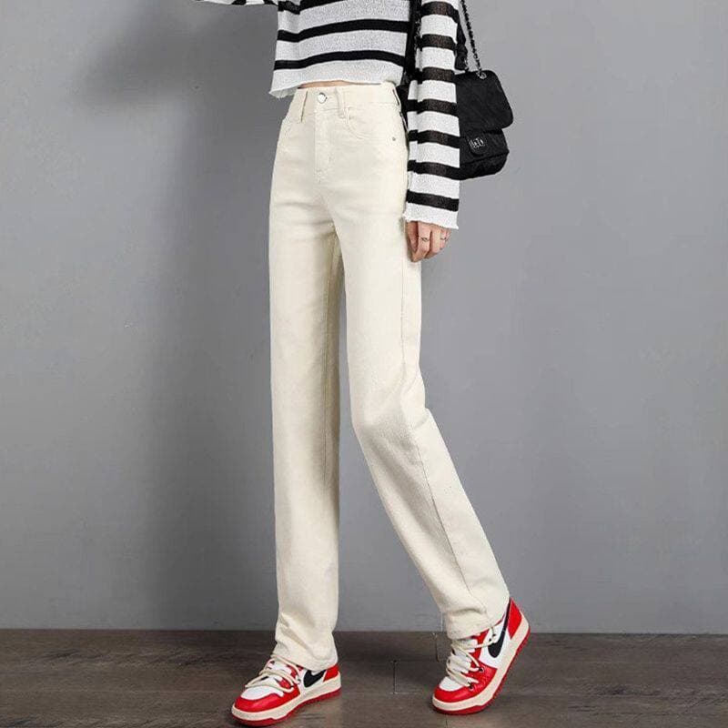 Estiramento estreito reto Jeans feminino primavera outono novo estilo tornozelo comprimento pequeno cintura alta branco