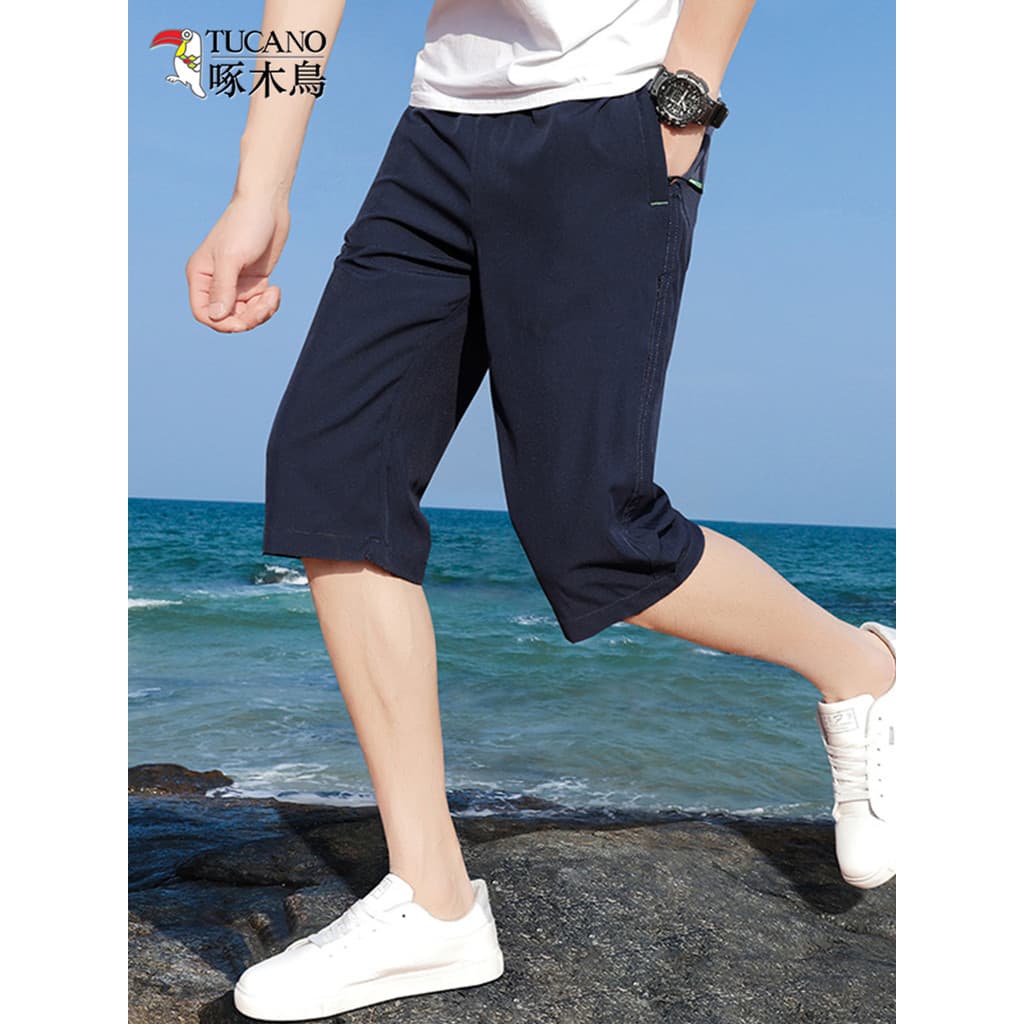 Woodpecker masculino verão cortado Shorts de seda gelo estilo fino de secagem rápida calças médias esportes casuais calç