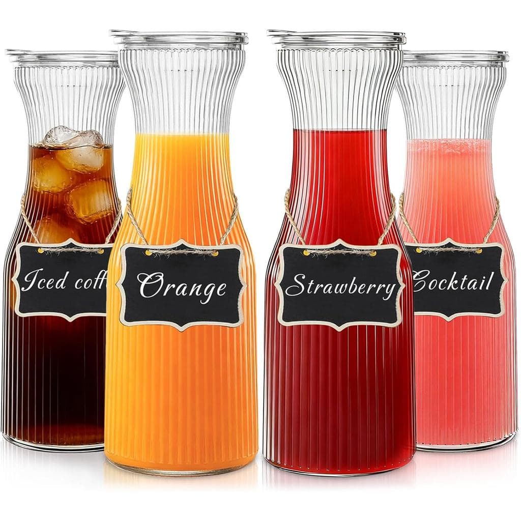Jarra de vidro canelada INSETLAN de 1 litro com tampa, conjunto de 4 - Jarra para suco para bar de mimosa, brunch, festa