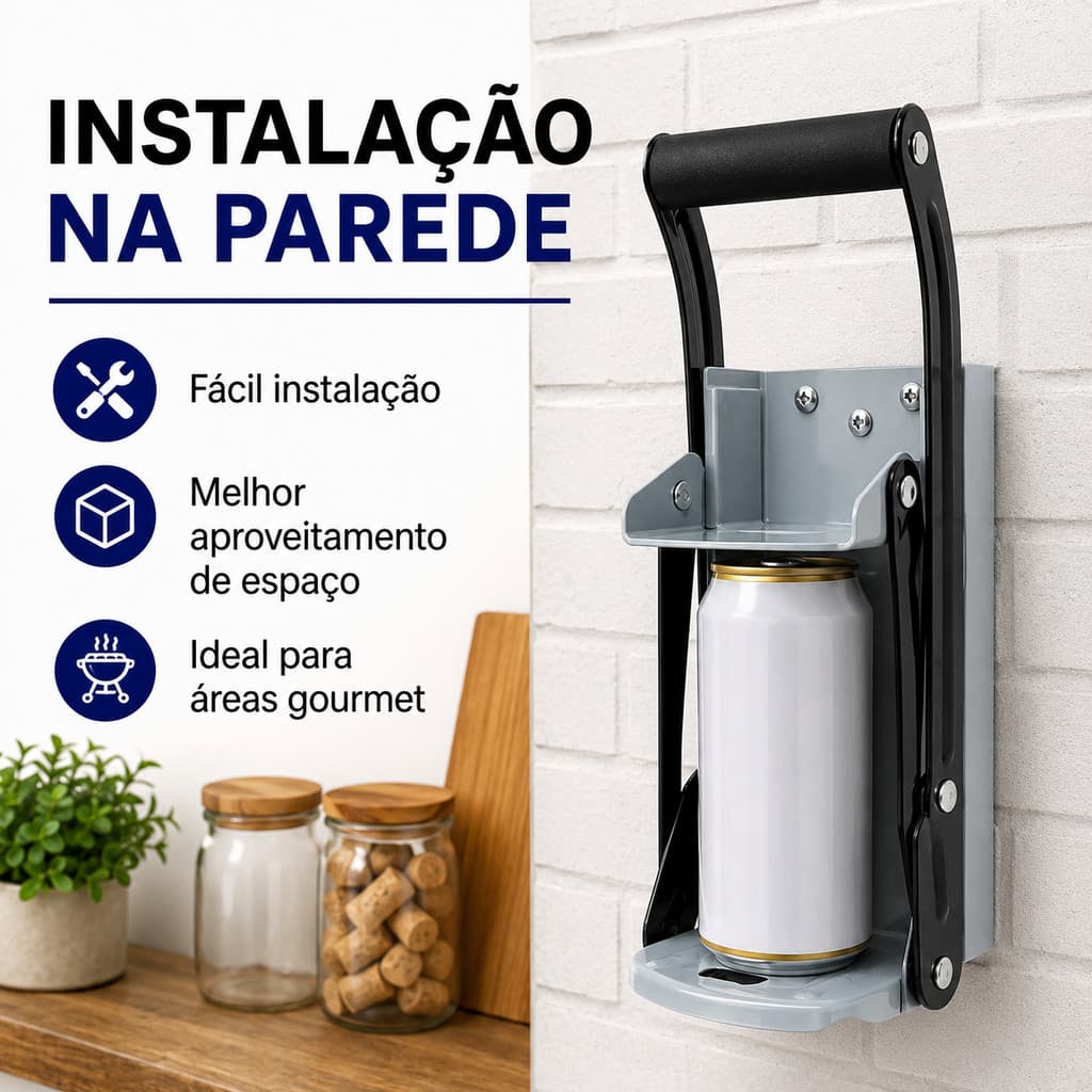 Amassador de Latinhas Cerveja Parede Aço Abridor de Garrafas Integrado Compactador Reciclagem
