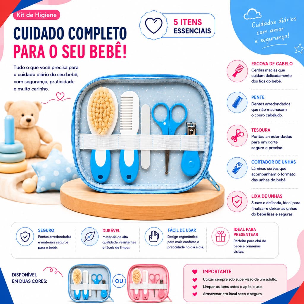 Kit Higiene Conjunto Tesourinha Trin Pente Escova e Lixa de Unha 5 Itens Essenciais Cuidados Bebê