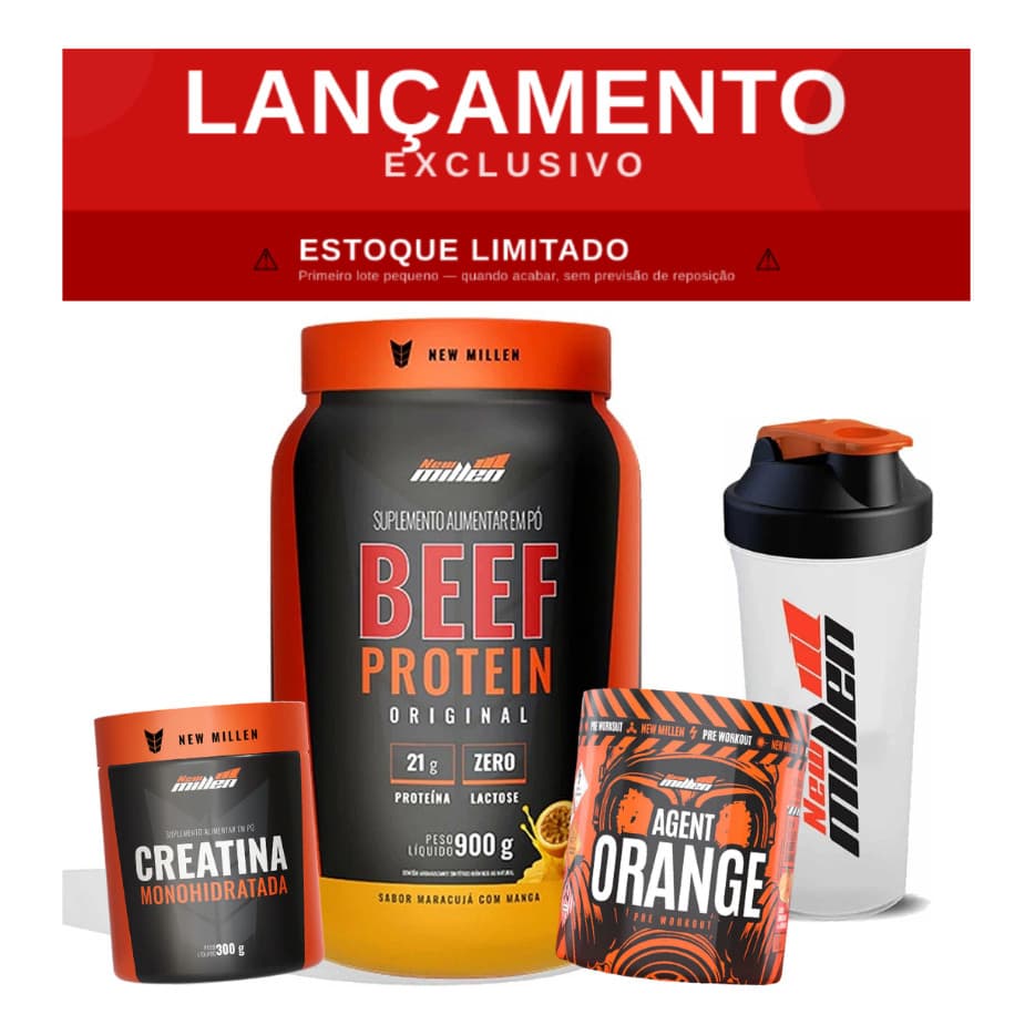 Kit New Millen Lançamento Beef Protein 900g + Agent Orange + Creatina + Shaker Zero Lactose