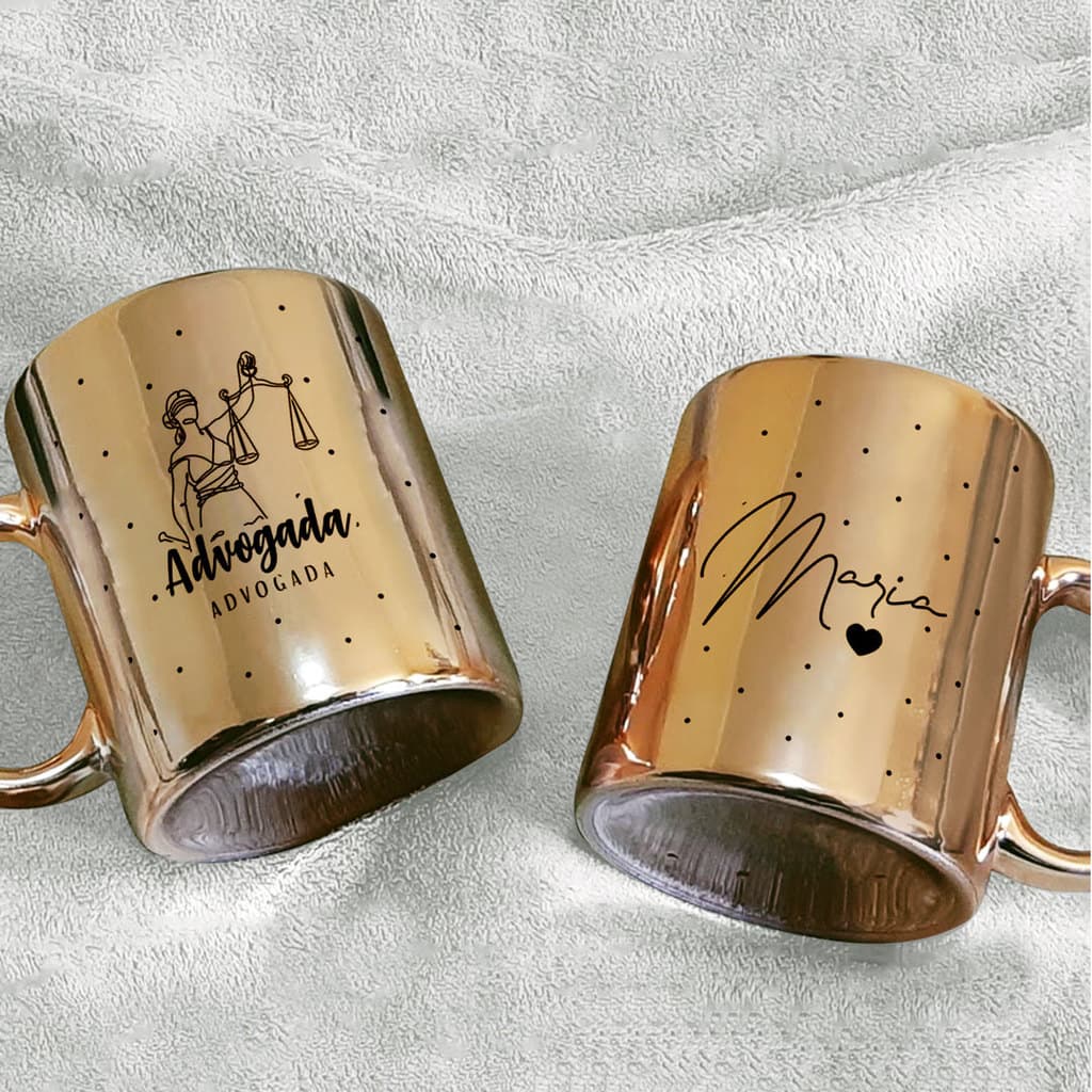 Caneca Direito | Profissão; Advogada - Dourada; Metalizada | Personalizada; Com Nome