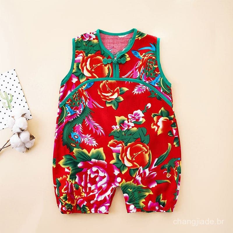 Novo macacão de verão fino sem mangas para bebês, com estilo étnico floral do Nordeste, macacão unissex feito de puro al