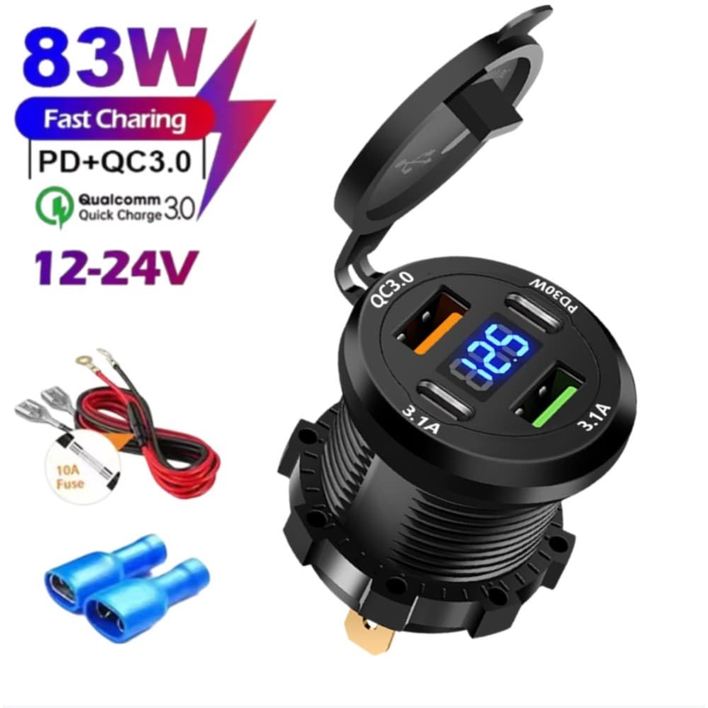 Carregamento Rápido 83W 4 Portas Carregador De Carro Soquete 12V/24V Duplo USB Tipo-C PD 3.1A Adaptador Universal De Tel