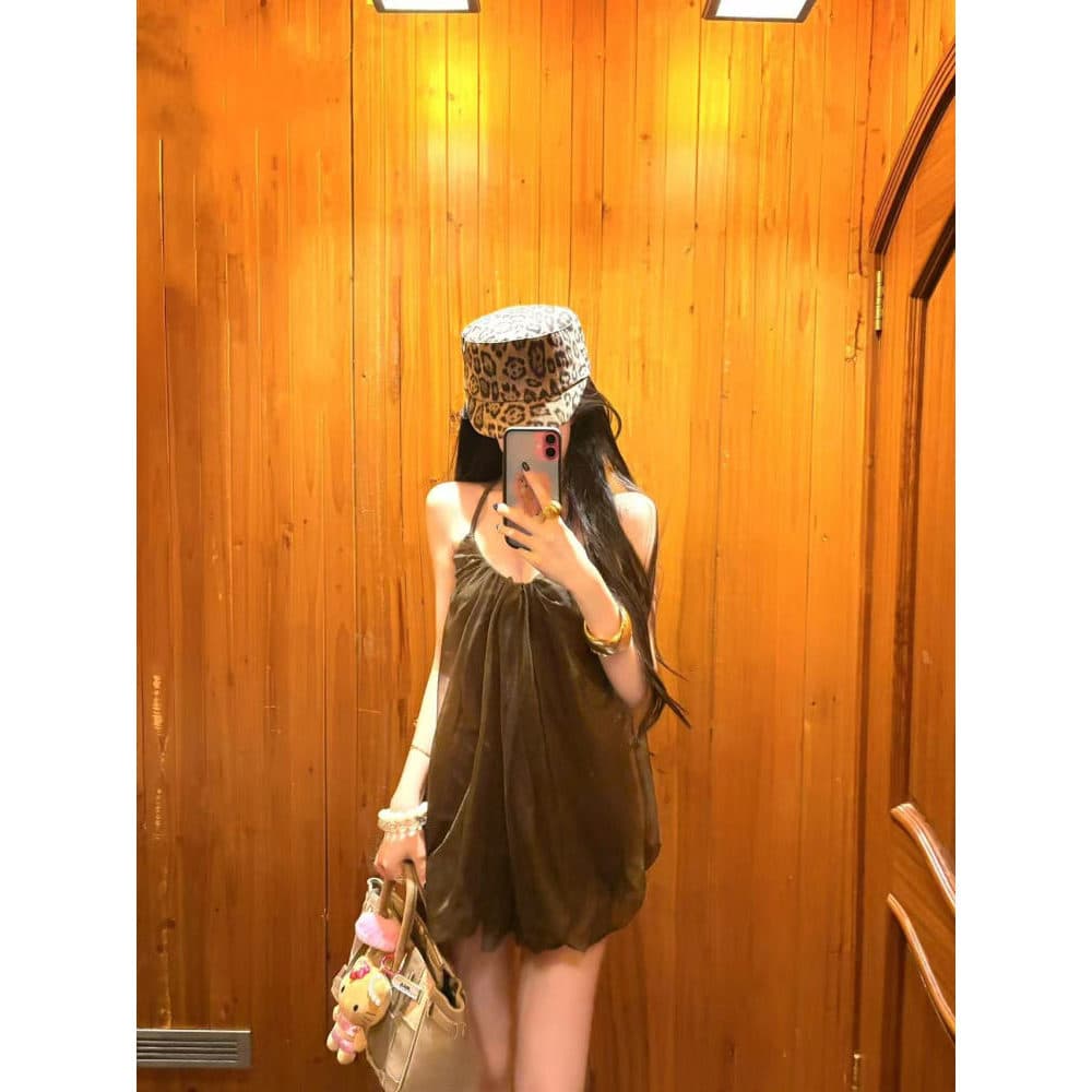 Vestido Tomara Que Caia Vestido curto verão Mini Vestido Bodycon Estilo de férias gaze costura Halterneck rendas Halter