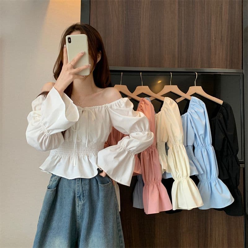 Camisa francesa de manga bufante, novo estilo, Design, nicho, temperamento, clavícula, estilo suave, cintura estreita, T