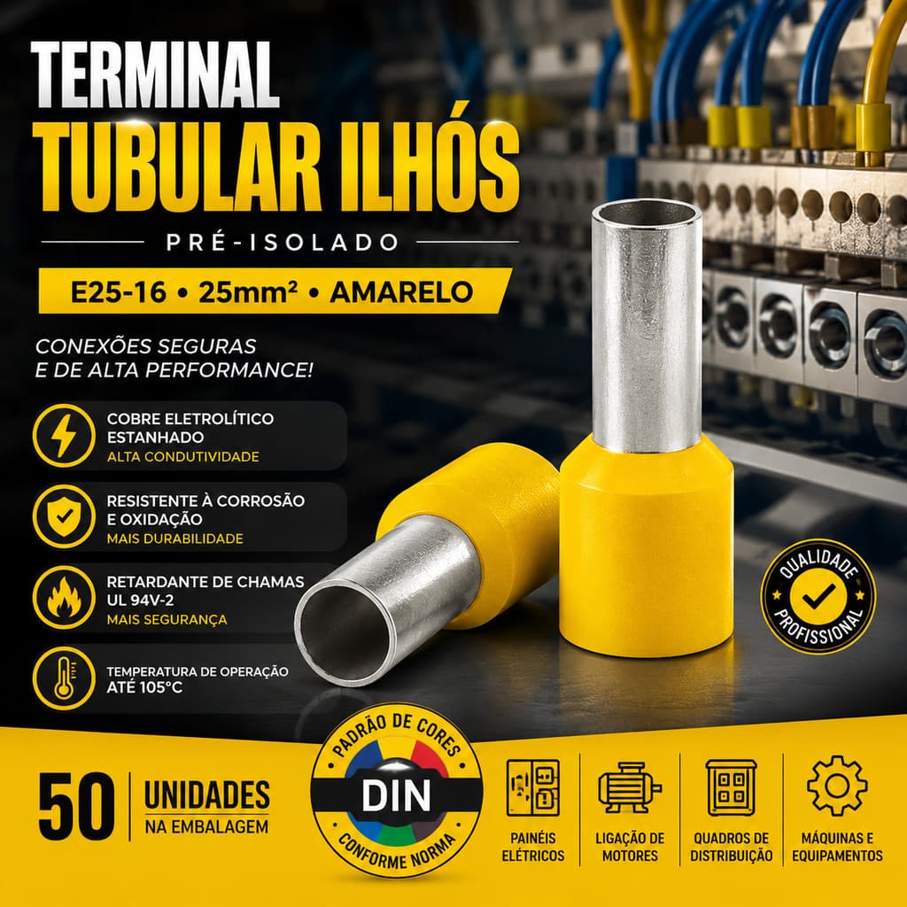 KIT 50 TERMINAIS TUBULAR ILHÓS 25MM² E25-16 PRÉ-ISOLADO COBRE ESTANHADO