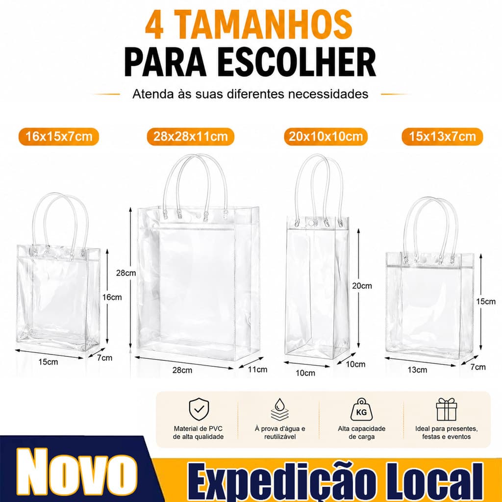 Sacola Bolsa Transparente PVC Presente 20/40 Peças com Alça Impermeável Reutilizável Festa Lembrancinha Loja